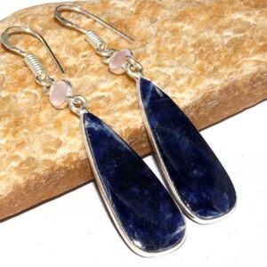 Sodalite, Pink Chalcedony Gemstone 925 Sterling Silver Handmade Dangle Earrings